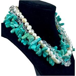 VTG Four Strand Turquoise Nugget & Pearls Bead 925 Sterling Silver Necklace 16"